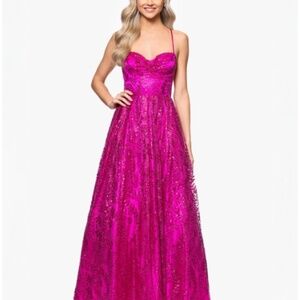 $259 Blondie Nites Juniors' Glitter Draped-Neck Gown Pink Barbie NWT Party